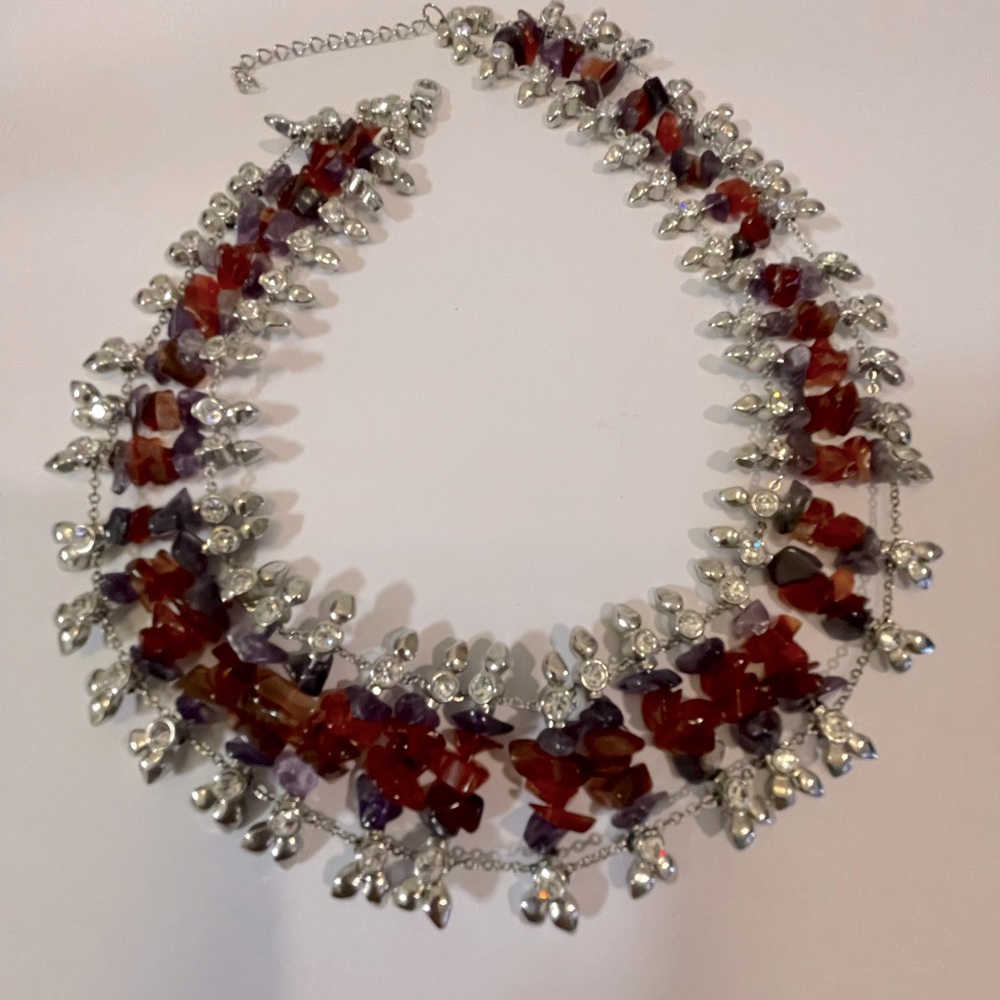 Natural stone necklace bracelet and earring set. Metal, purple and red